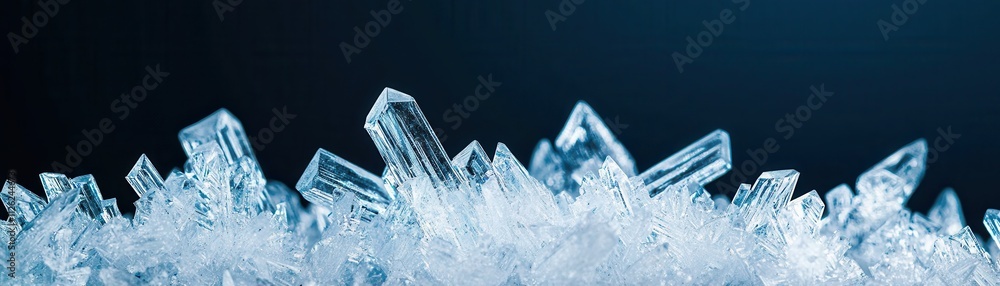 Poster a close-up of shimmering ice crystals, beautifully arranged against a dark background, creating an e