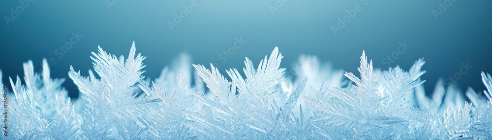 Poster a close-up view of delicate snowflakes with a soft blue background, showcasing intricate ice pattern