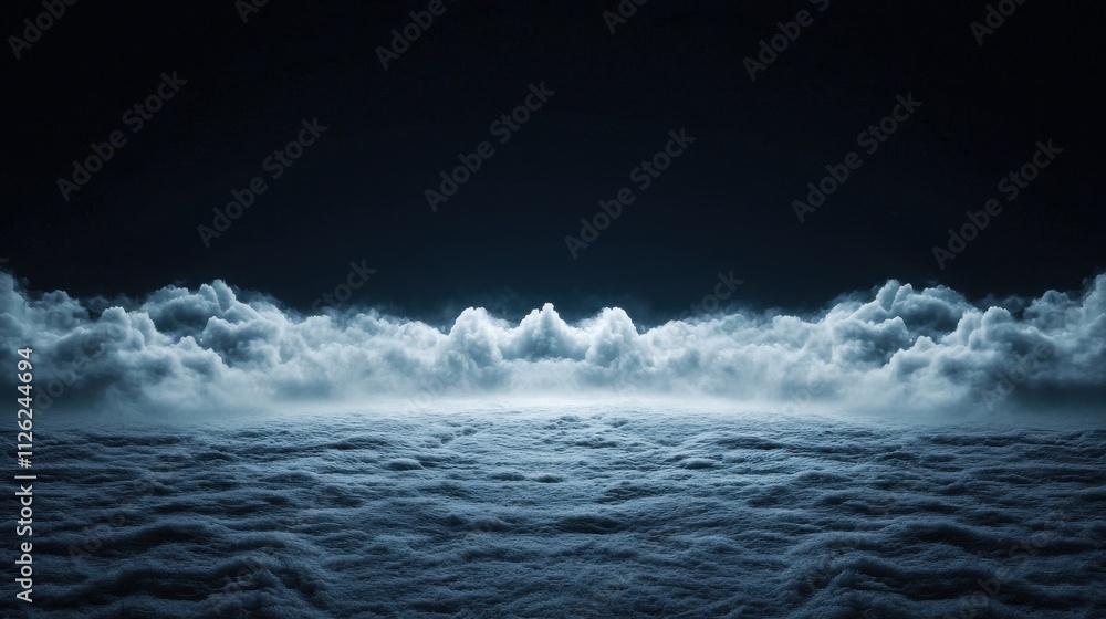 Poster a mesmerizing view of dark clouds reflecting ambient light, creating a dramatic atmospheric scene wi