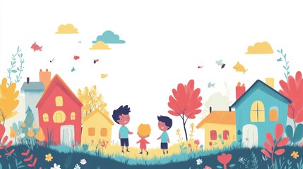 Colorful Flat Design Illustration of Children Playing Outdoors