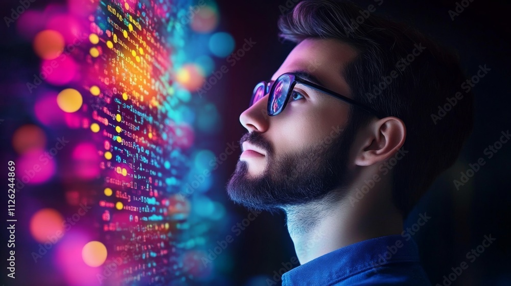 Aufkleber futuristic young man with beard and glasses looking at colorful code on computer screen in dark sett