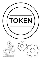 Large token labeled TOKEN with gear icons and currency plant growth diagram. Ideal for fintech, cryptocurrency, financial growth, investment, digital assets, economic concepts, and modern business