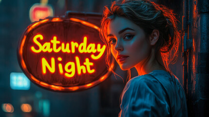 Young woman standing near neon sign on saturday night outdoors