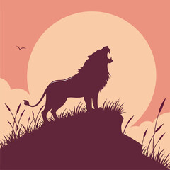 Majestic Lion Silhouette Roaring Against Sunset Sky