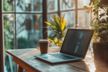 Sleek modern workspace mockup featuring a laptop on a wooden table with coffee in a sunlit room surrounded by plants ideal for remote work inspiration and productivity boost