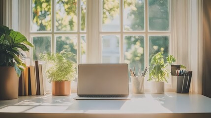 A laptop sits open on a windowsill, bathed in the warm glow of the morning sun.