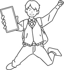 スマホを持ってジャンプする男の子、青年、中学生、高校生