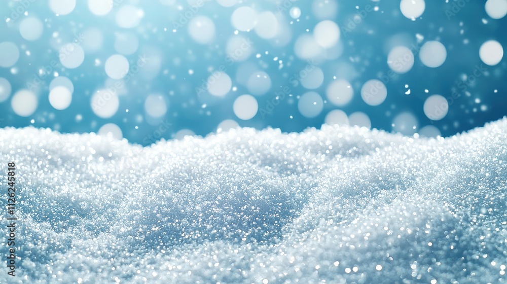 Poster a serene close-up of snowflakes gently resting on a shimmering surface, with a soft blue background 