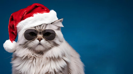 Photo of a fluffy cat wearing Santa Claus hat Isolated on Blue background.