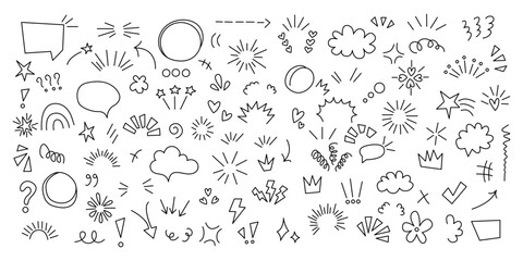 Set anime emotion effect. hand-drawn cute cartoony expression sign doodle line stroke.