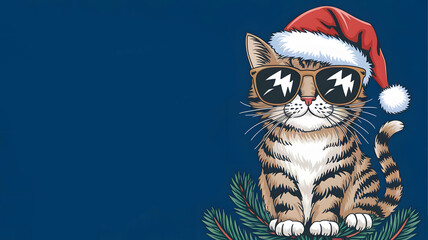 Photo of a fluffy cat wearing Santa Claus hat with norvegian forres Isolated on Blue background
