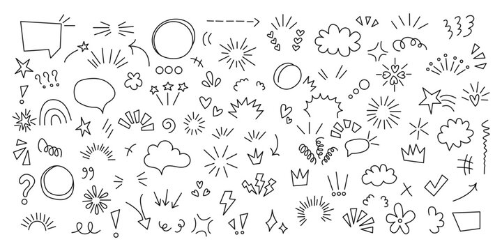 Set anime emotion effect. hand-drawn cute cartoony expression sign doodle line stroke.
