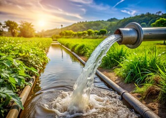 High Pressure Water Pump Irrigation, PVC Pipe Flow, Farm Canal, Agricultural Irrigation System, Green Plants Background