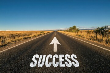 A perspective view of a paved road with the word SUCCESS written