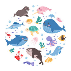 Sea Animal and Marine Underwater Swimming Creature Round Composition Vector Template