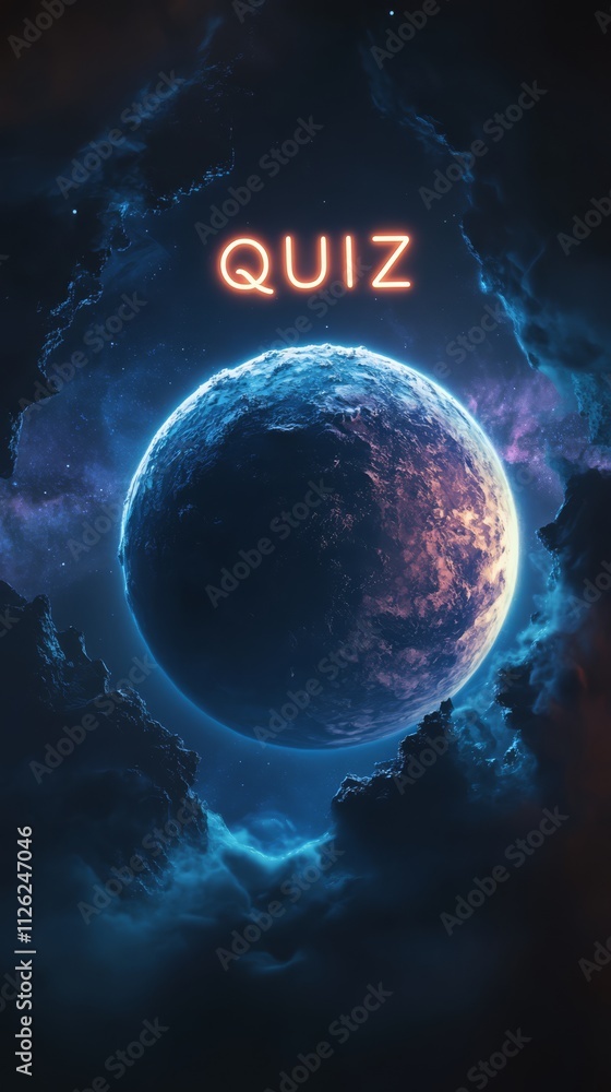 Poster quiz in the cosmos: a captivating image presents the word quiz illuminated against a backdrop of a c