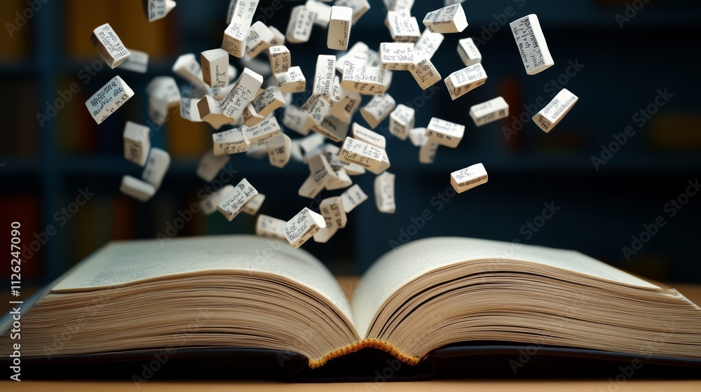 Poster a book is open to a page with a bunch of white blocks scattered around it