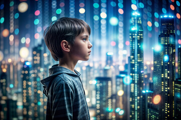 A boy with a cityscape with a matrix-style pattern superimposed over his in a background of blurred lights - Generative AI
