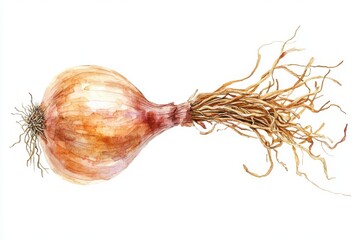 A realistic watercolor style illustration of a single golden brown onion with dried roots and a slightly frayed stem