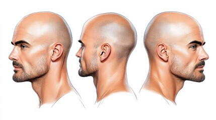 Three men with shaved heads are shown in profile