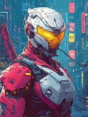 Obraz premium Futuristic Cyborg Samurai in Neon-Lit Cyberpunk Cityscape.