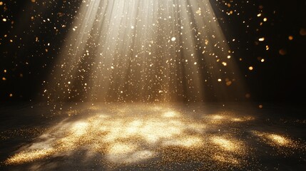 Glowing gold dust floating through volumetric light beams, creating a sense of mystery and wonder