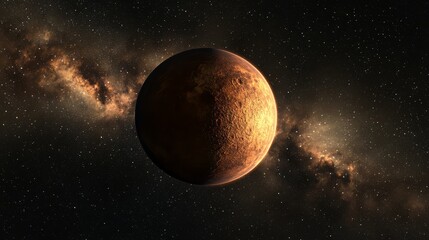 Naklejka premium Celestial Sphere in Cosmos: A mesmerizing depiction of the cosmic expanse unfolds, featuring a solitary planet suspended in the velvety void of space.