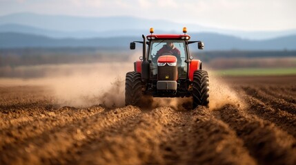 Obraz premium Tractor Plowing Field at Sunset in Rural Landscape