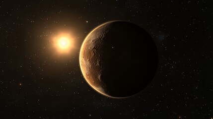 Obraz premium Exoplanet Sunrise: A breathtaking view of an exoplanet illuminated by its host star, showcasing a dramatic sunrise in the vast expanse of space.