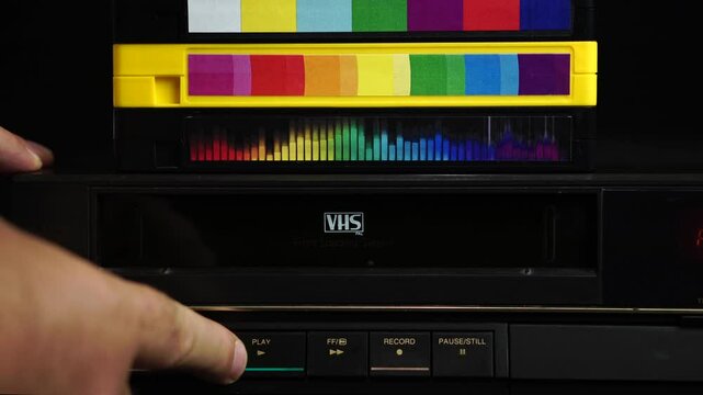 Loading VHS Video Cassette Tape With School Playe Camera Recording Into VRC, Close Up