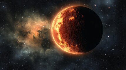Naklejka premium Fiery Inferno Planet in Cosmic Nebula 