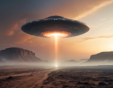Un OVNI que desciende del cielo, su superficie met&aacute;lica refleja los tonos de un sol poniente, con un brillo inquietante que emana de su parte inferior