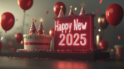 Festive New Year Cake With Balloons And Neon Sign