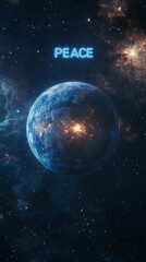 Cosmic Peace: Earth's radiant glow amidst a star-studded expanse, with the word "PEACE" illuminating the scene, evokes a sense of hope and tranquility.  