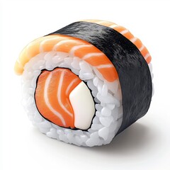 Cartoon-Style 3D Sushi Roll Icon with Salmon on Isolated White Background