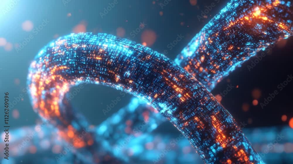 Poster abstract intertwined digital data chains glowing in blue and orange. concept of blockchain, decentra