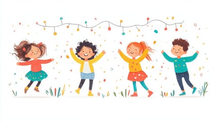 Happy Children Playing in a Colorful Flat Design Vector Illustration
