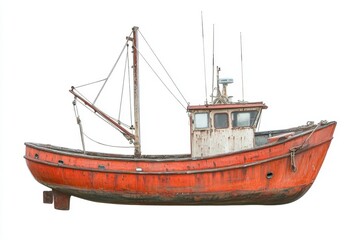 Naklejka premium A rustic red fishing boat with visible weathered paint