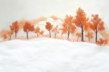 Autumn and winter trees with orange leaves in a snowy landscape. Concept of seasons and contrast.