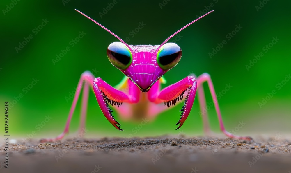 Poster a pink bug with green eyes is standing on a green surface. the bug is the center of attention and he