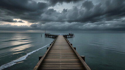 Obraz premium Moody Skies Over a Peaceful Pier Extending into the North Sea