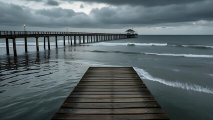 North Sea Pier Under Dramatic Clouds and Soft Ocean Waves