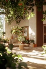 Fototapeta premium Cozy Courtyard Garden Oasis with Flowering Plants and Warm Sunlight
