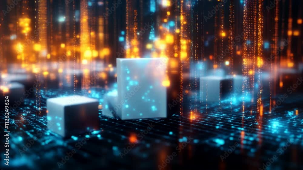 Poster glowing digital cubes on a high-tech grid with dynamic orange and blue light streams, representing b