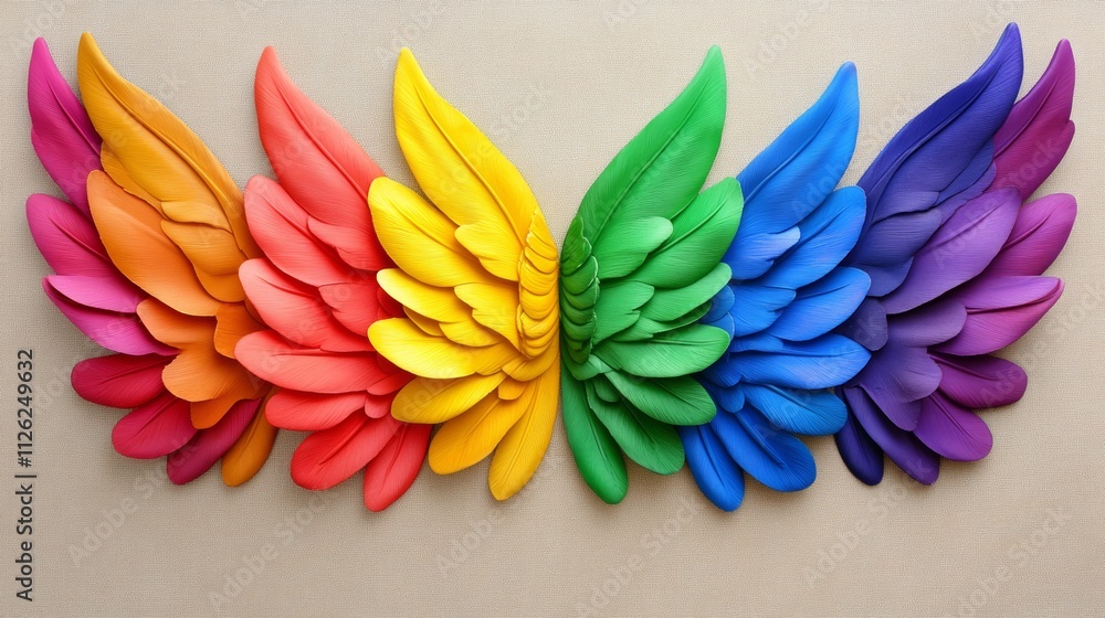 Poster a colorful winged bird with rainbow feathers. the feathers are arranged in a rainbow pattern, with e