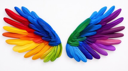 Obraz premium The wings of a bird are made up of many different colored feathers. The colors are arranged in a rainbow pattern, creating a beautiful and vibrant display. Concept of freedom and joy