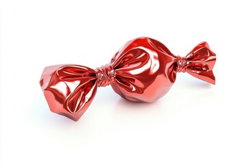 A shiny red candy wrapped in metallic foil with twisted ends