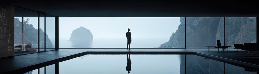 Obraz premium Tranquil Serenity: A Man's Solitary Reflection in a Vast, Serene Landscape