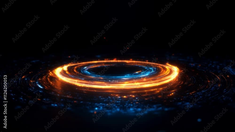 Poster dynamic glowing energy ring with swirling orange and blue lights, symbolizing quantum computing, fut