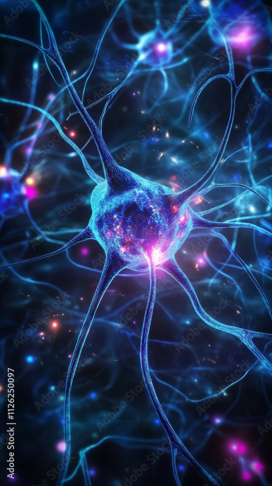 Poster neural network: a mesmerizing illustration of a neural network, glowing with vibrant blues and purpl